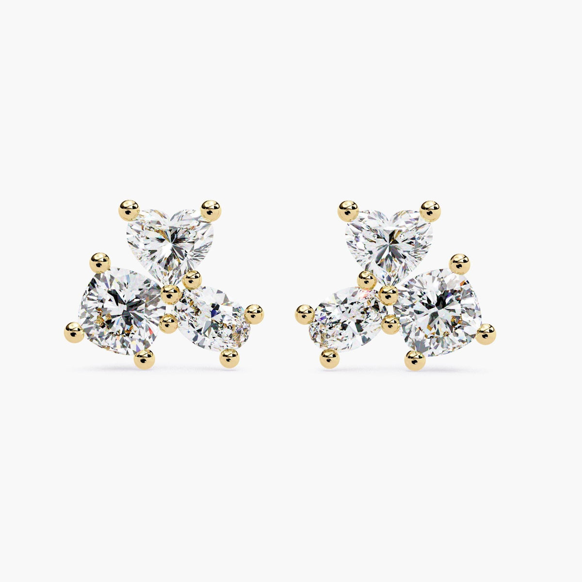 Lab Created Diamond Cluster Stud Earrings, Solid Gold Multi Diamond Studs, Heart Oval Round Shape Earrings, Fine Jewelry Gift for Women