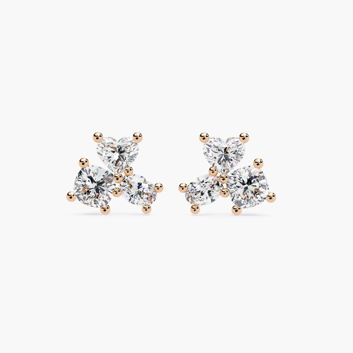 Lab Created Diamond Cluster Stud Earrings, Solid Gold Multi Diamond Studs, Heart Oval Round Shape Earrings, Fine Jewelry Gift for Women