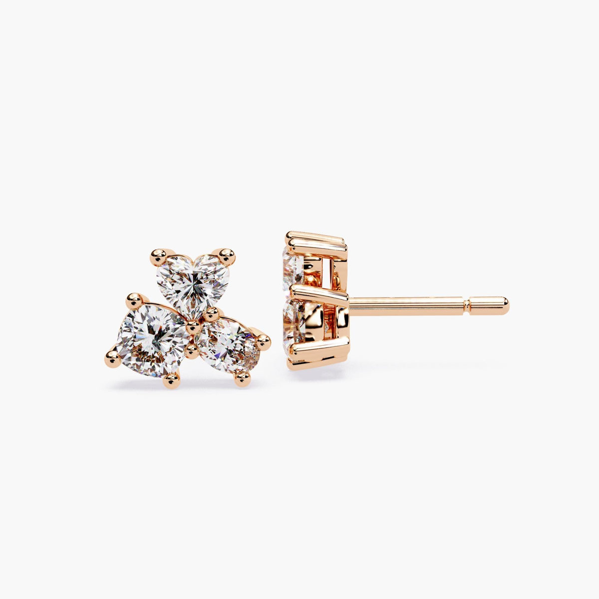 Lab Created Diamond Cluster Stud Earrings, Solid Gold Multi Diamond Studs, Heart Oval Round Shape Earrings, Fine Jewelry Gift for Women