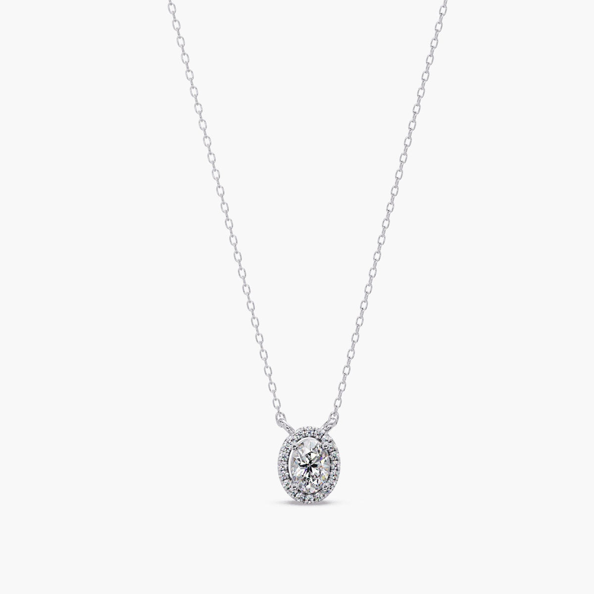 14K white gold diamond pendant necklace with oval lab grown diamond and halo, dainty layering necklace