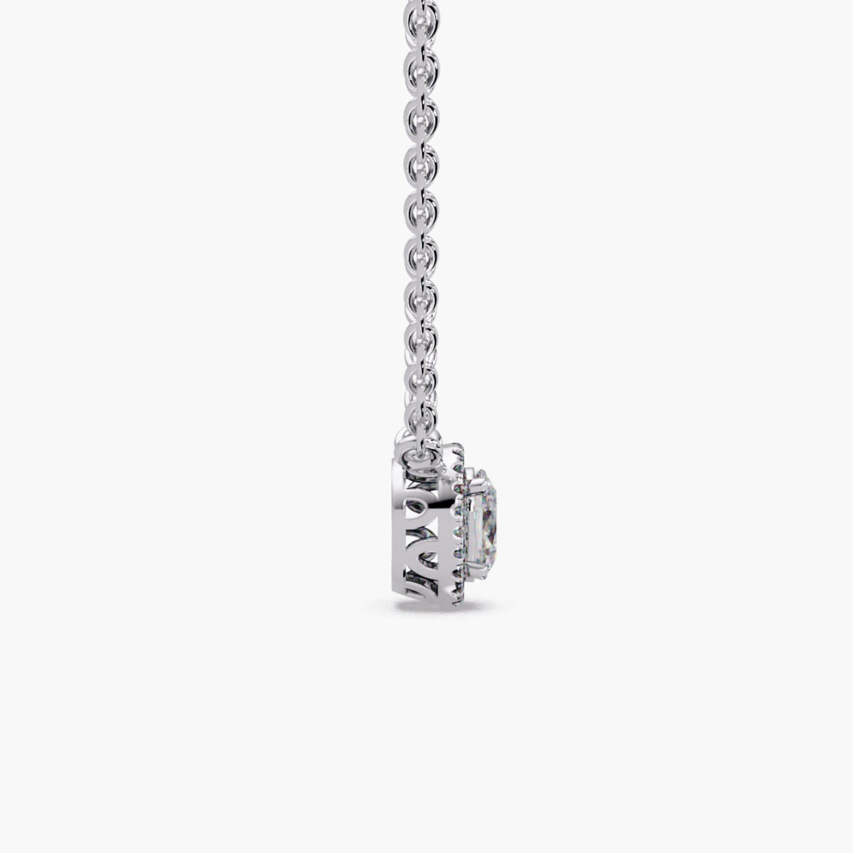 14K white gold diamond pendant necklace with oval lab grown diamond and halo, dainty layering necklace