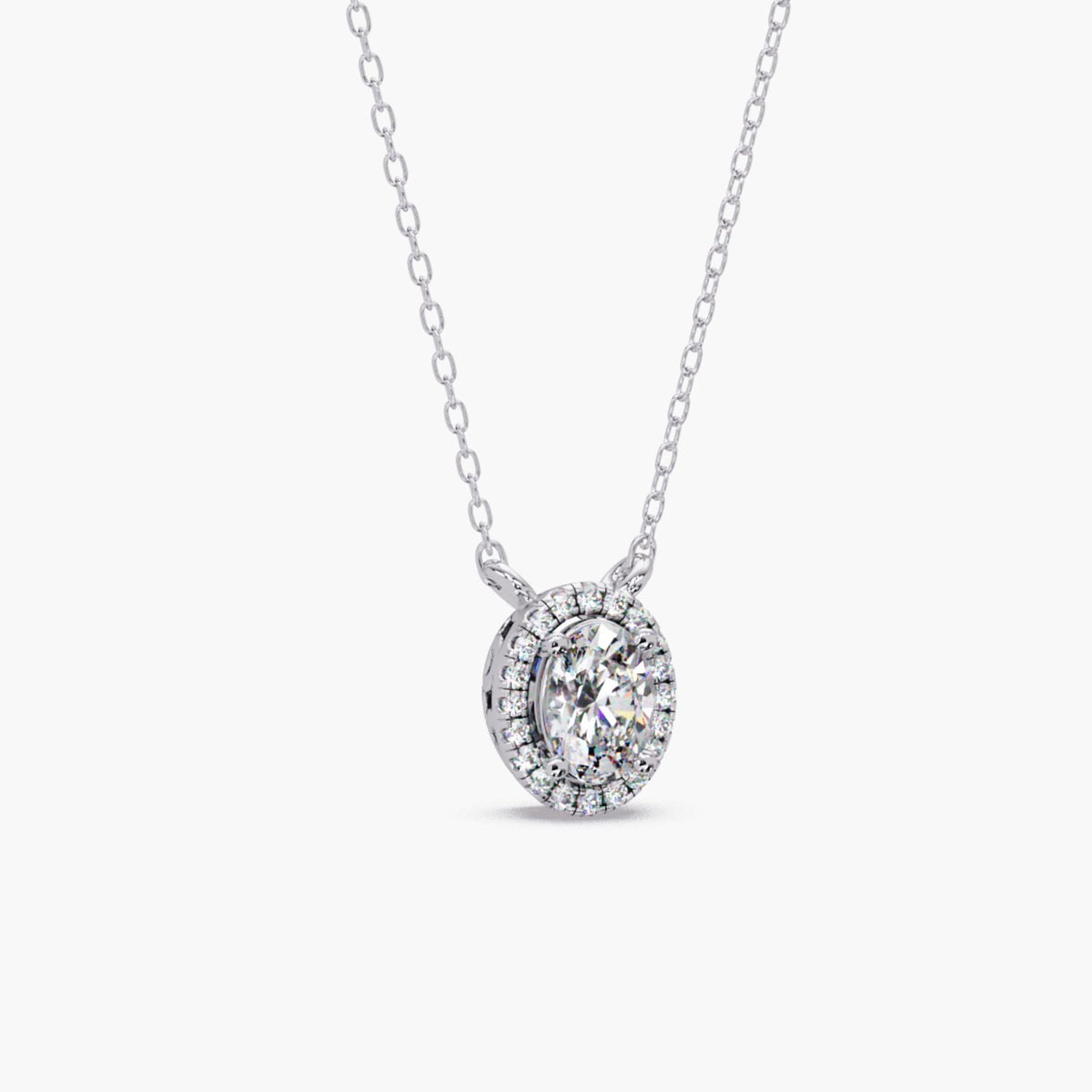 14K white gold diamond pendant necklace with oval lab grown diamond and halo, dainty layering necklace