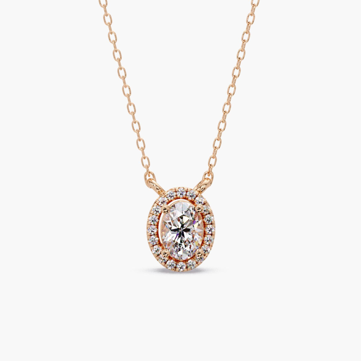 14K rose gold diamond pendant necklace with oval lab grown diamond and halo, dainty layering necklace