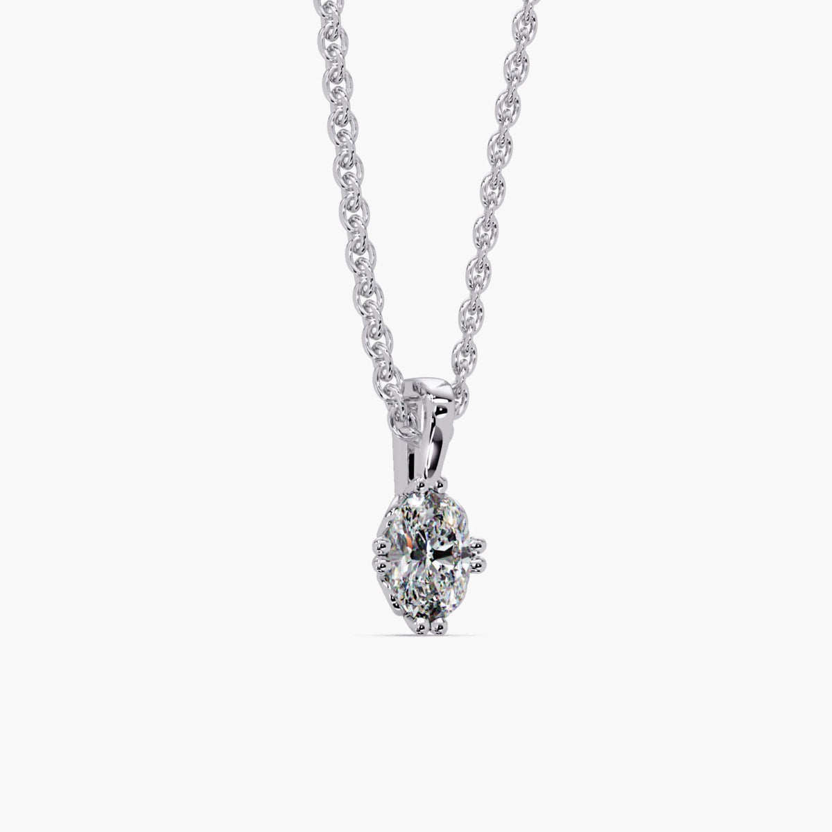 Compass set oval lab grown diamond pendant necklace in 14K white gold, oval solitaire diamond necklace on a dainty cable chain, 0.50–3.00 CTW, anniversary gift or bridal necklace