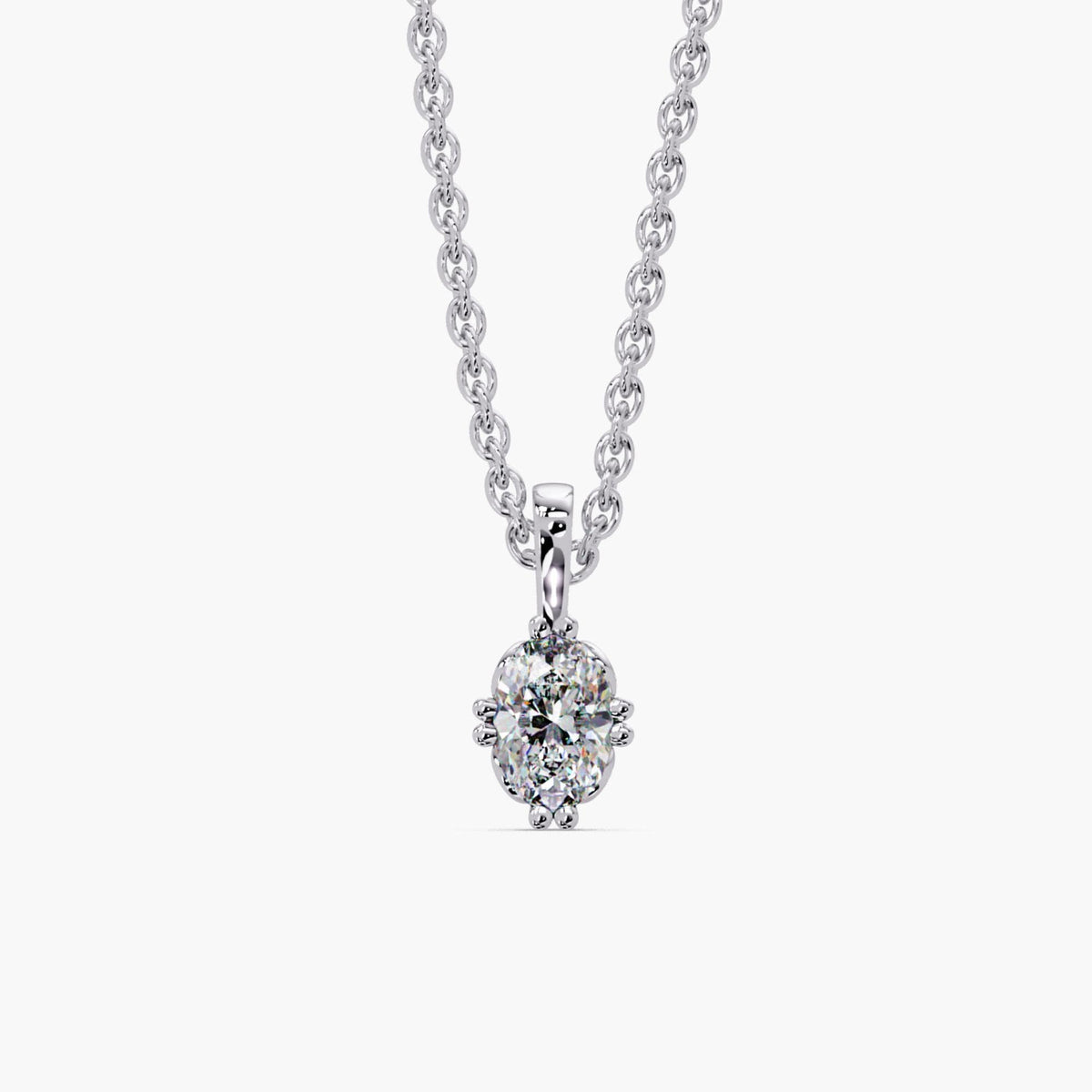 Compass set oval lab grown diamond pendant necklace in 14K white gold, oval solitaire diamond necklace on a dainty cable chain, 0.50–3.00 CTW, anniversary gift or bridal necklace