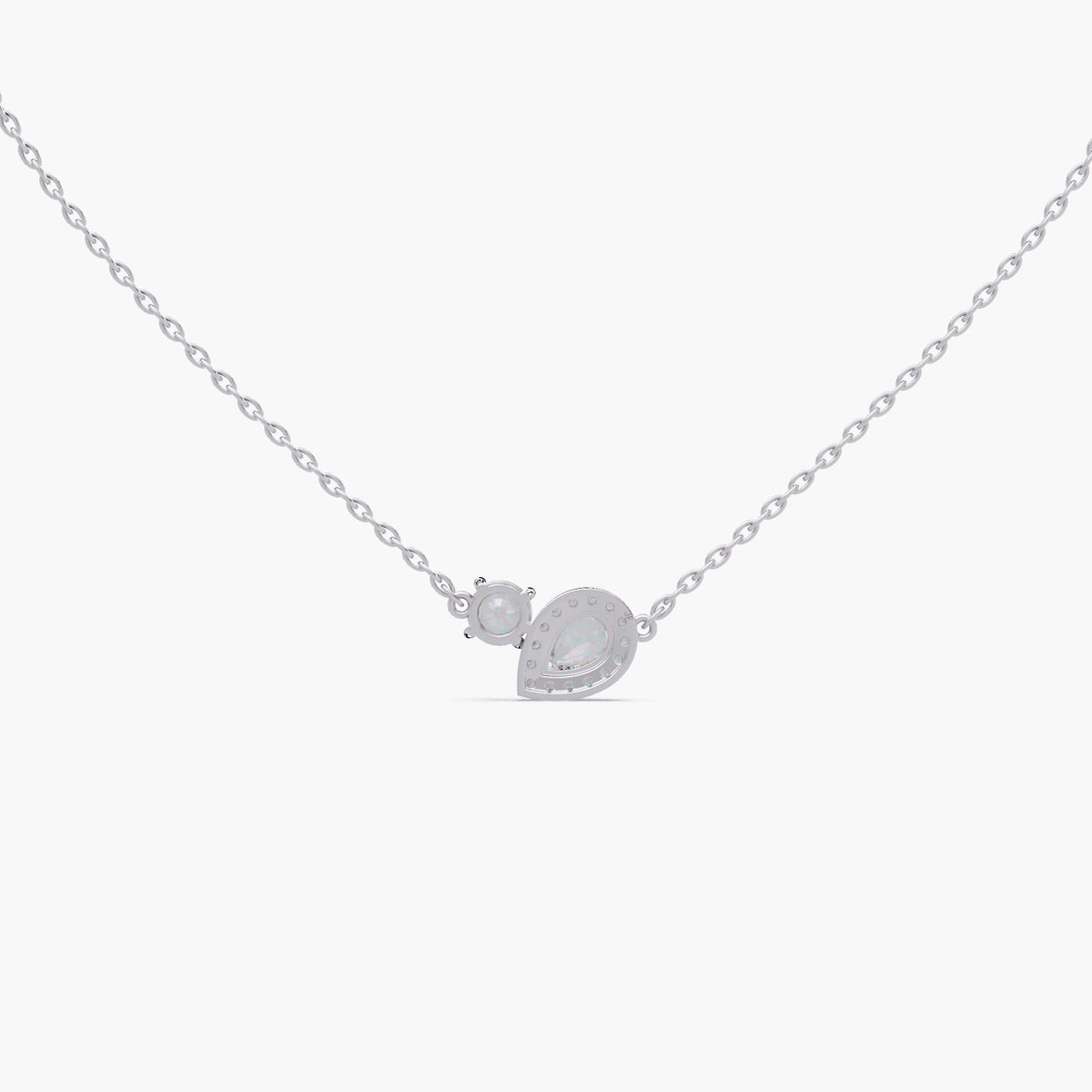 14K white gold toi et moi necklace with lab grown diamonds, pear halo and round cut two stone pendant, gift ready fine jewelry.