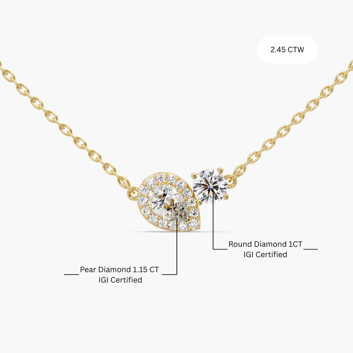 IGI certified lab diamond toi et moi necklace 2.45 CTW with pear cut diamond halo and 1ct round cut diamond, fine jewelry wedding necklace.