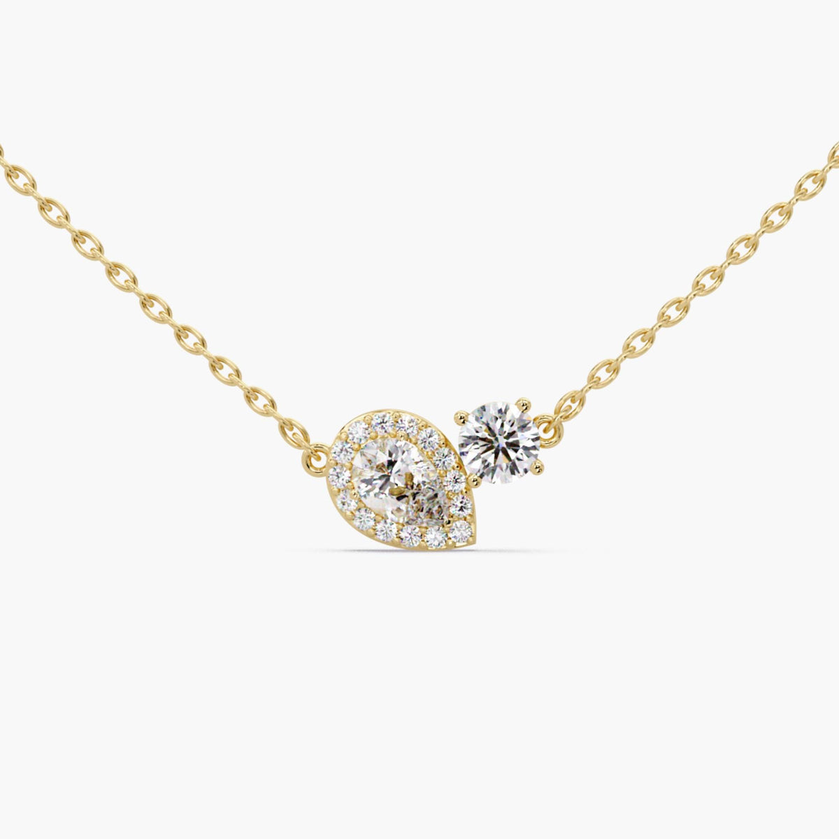 14K yellow gold toi et moi pendant necklace, IGI certified lab grown diamonds, pear halo + round diamond two stone design, layering necklace gift for her.