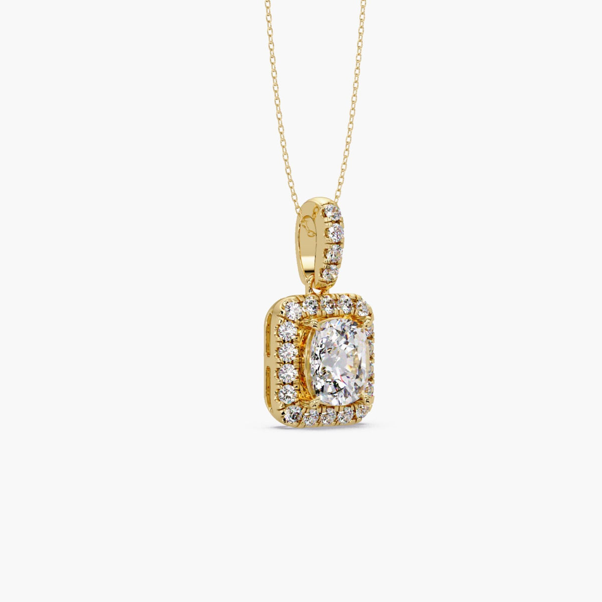 14K yellow gold cushion cut lab grown diamond halo pendant necklace with pavé halo and pavé bail on 16–18 inch cable chain, 3.50 CTW, IGI certified 3 CT center diamond