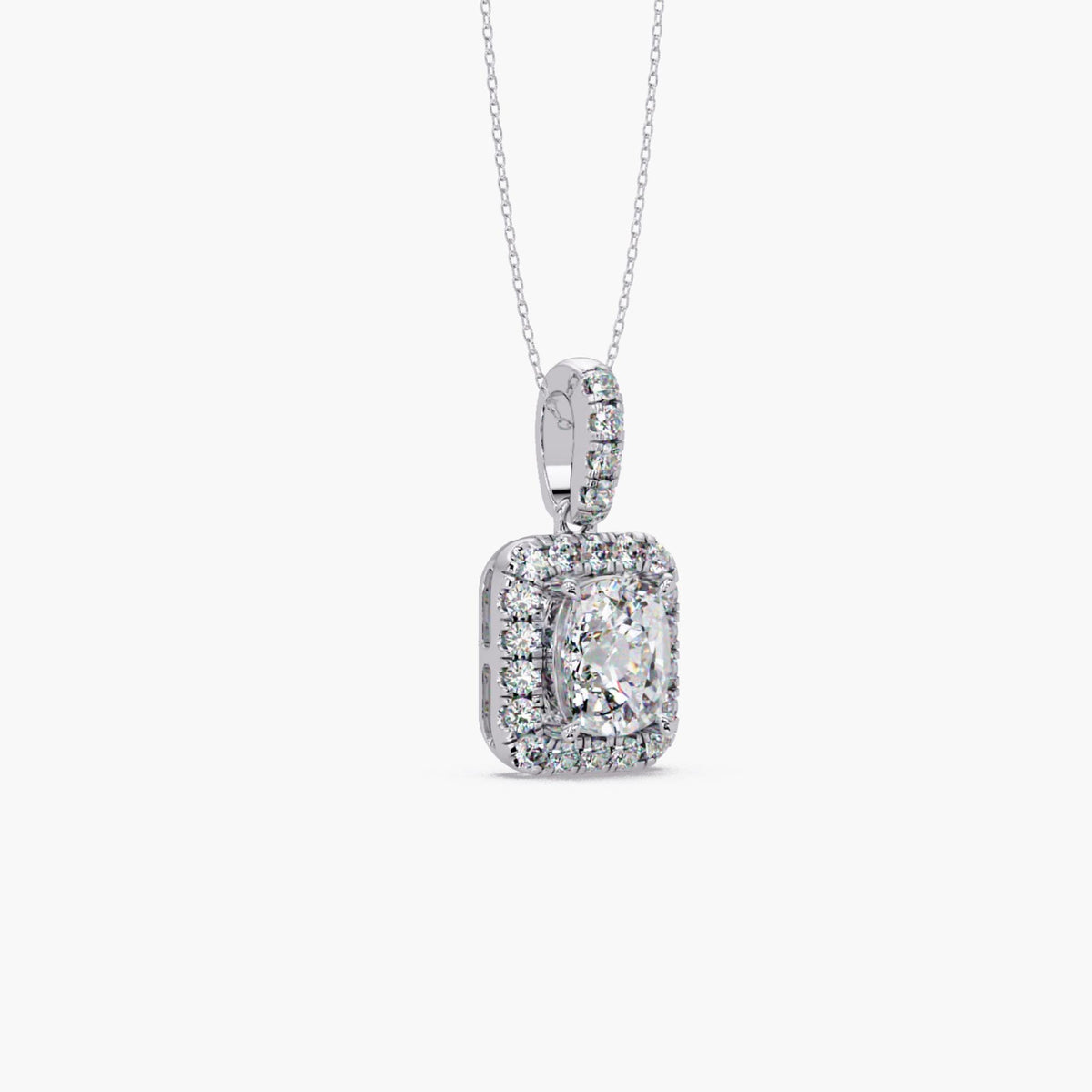 14K white gold cushion cut lab grown diamond halo pendant necklace with pavé halo and pavé bail on 16–18 inch cable chain, 3.50 CTW, IGI certified 3 CT center diamond