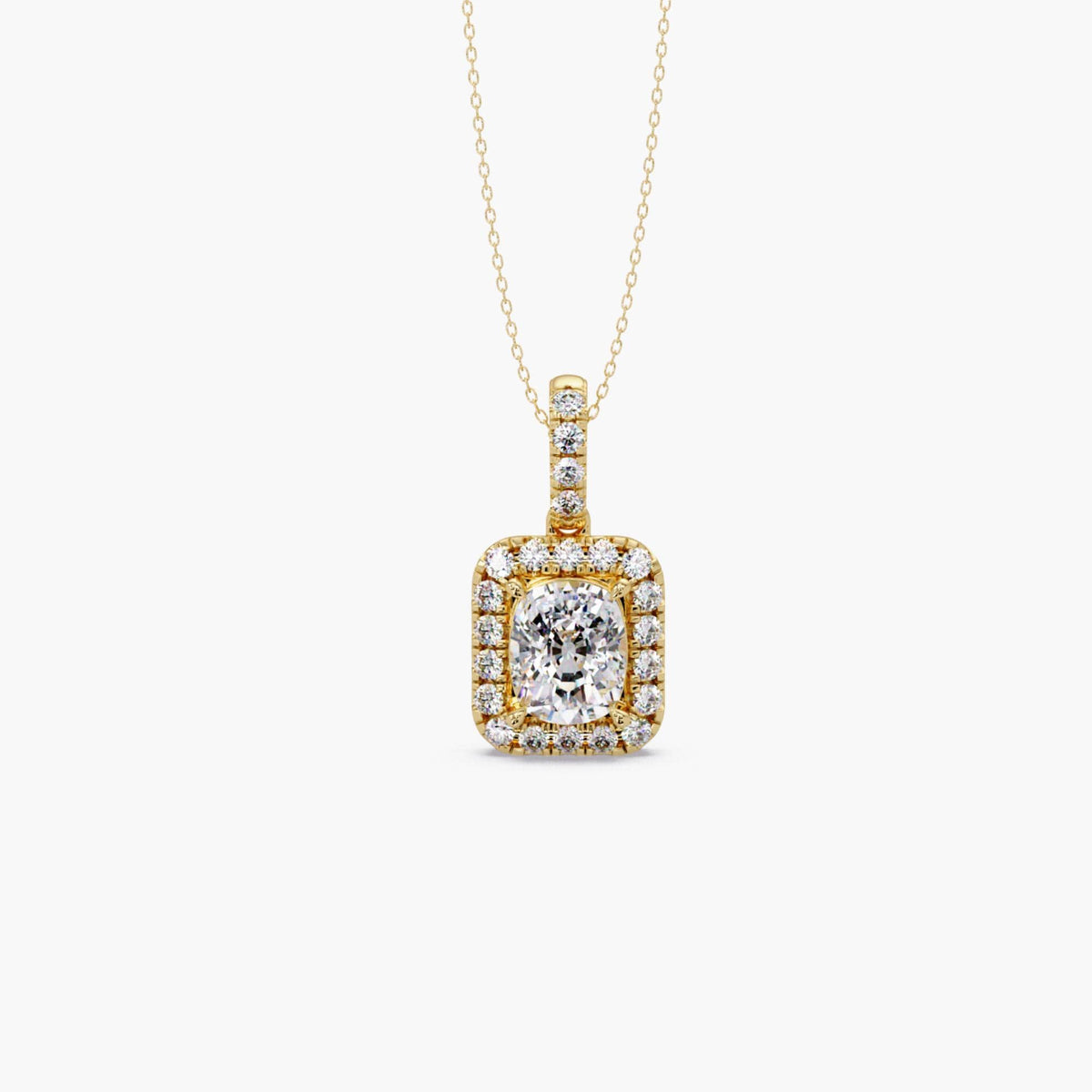 14K yellow gold cushion cut lab grown diamond halo pendant necklace with pavé halo and pavé bail on 16–18 inch cable chain, 3.50 CTW, IGI certified 3 CT center diamond