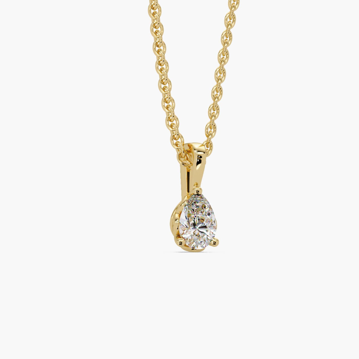 14K gold pear lab diamond solitaire pendant necklace showing prong setting and bail