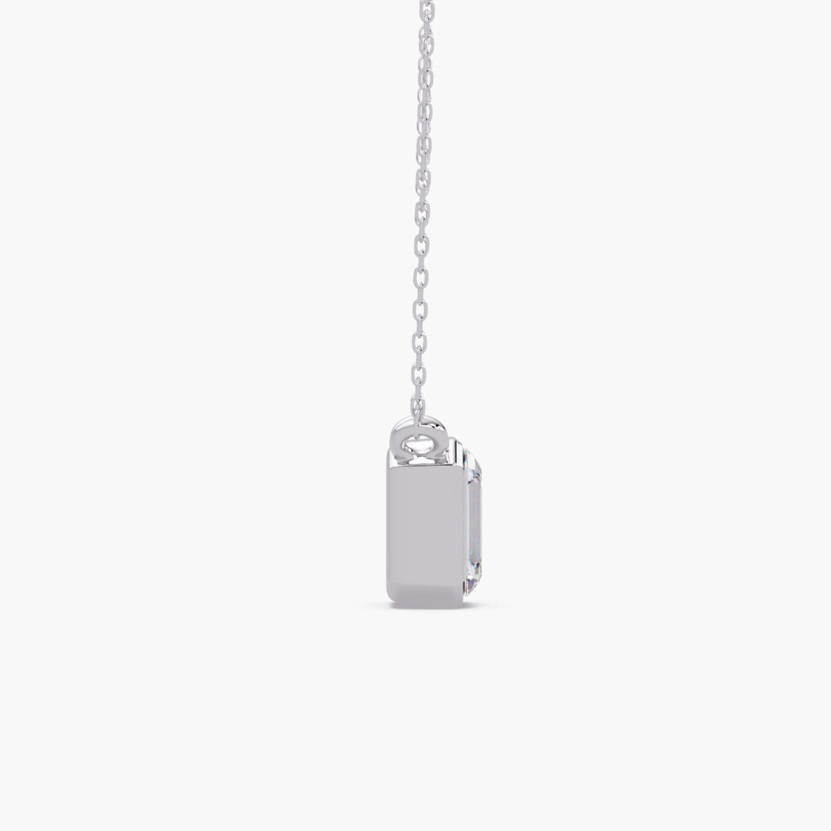 14K white gold emerald cut lab grown diamond bezel pendant necklace with a polished rectangular setting and fine chain.