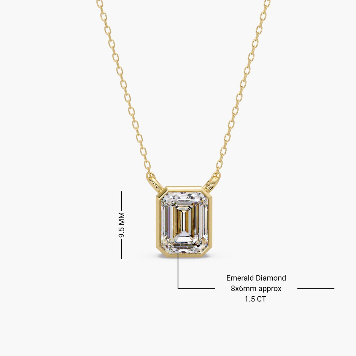 14K yellow gold emerald cut lab grown diamond bezel pendant necklace showing 1.5 carat 8×6 mm diamond and 9.5 mm pendant height on a fine gold chain.