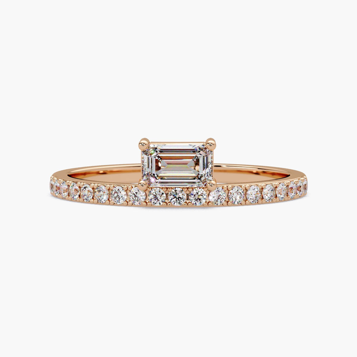 Rose gold emerald cut east west diamond ring lab grown engagement ring