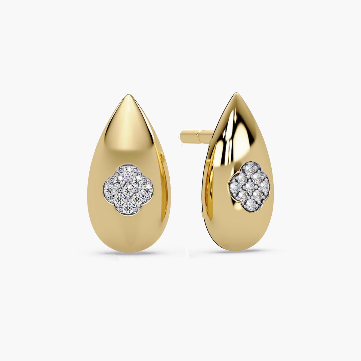 Puffy gold stud earrings in 14K solid gold featuring a teardrop dome shape with pavé diamonds, bold gold dome studs designed as sculptural gold stud earrings with a quiet luxury look