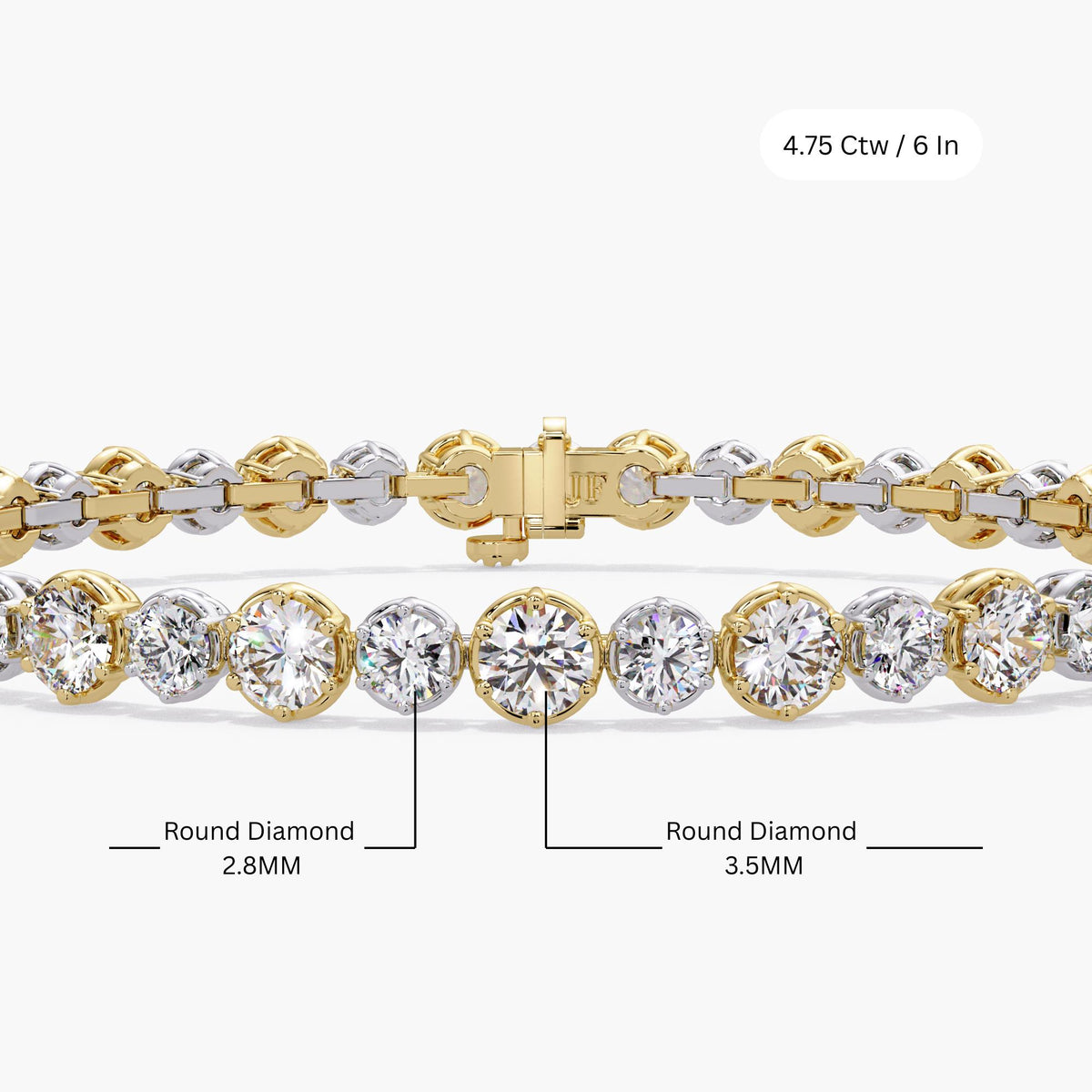 Alternating graduated lab diamond tennis bracelet showing 2.8mm and 3.5mm round diamonds in two tone 14K gold