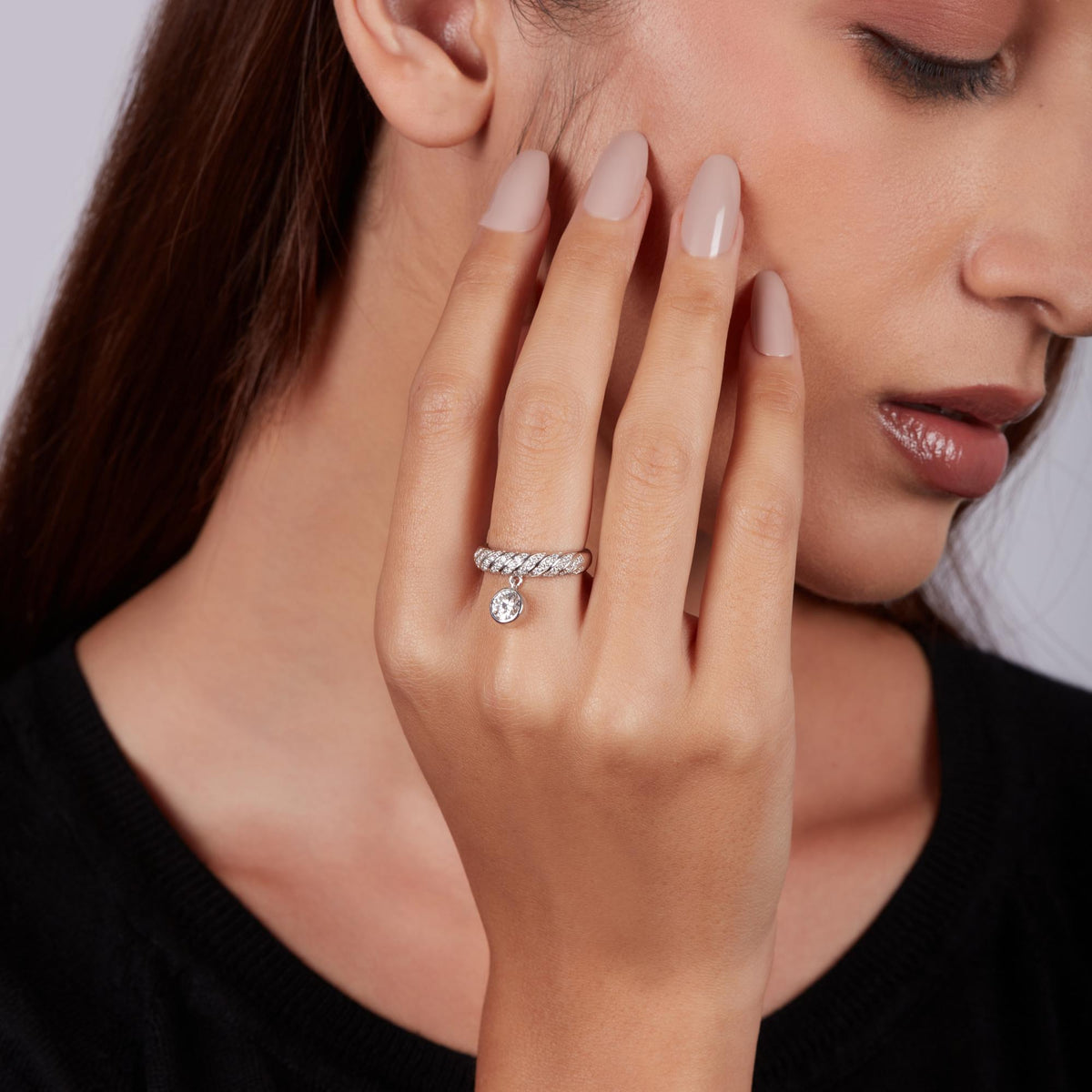 14K Gold Dangle Diamond Ring | Pave Dome Band | 0.80Ctw Lab Grown Diamond Jewelry Gift