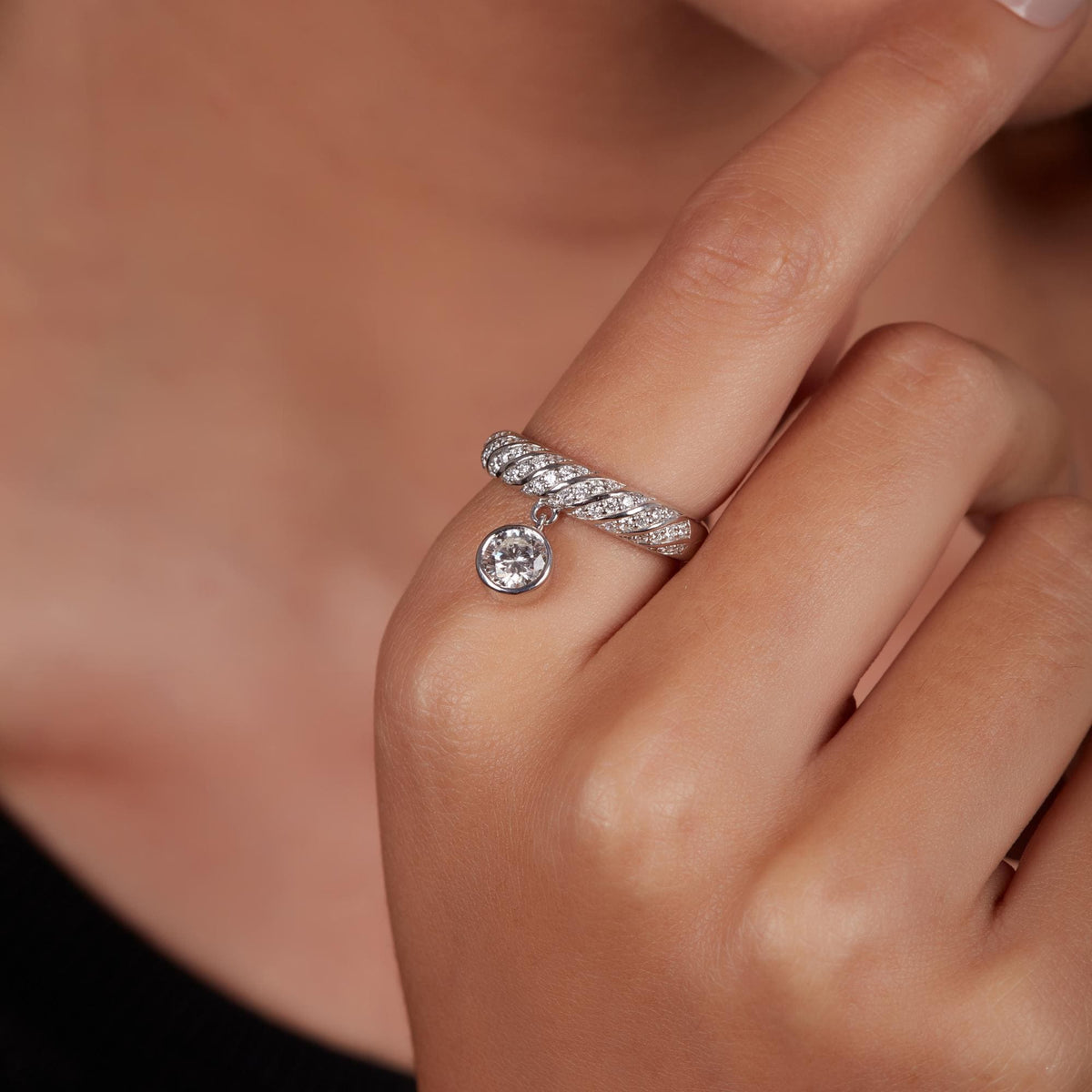 14K Gold Dangle Diamond Ring | Pave Dome Band | 0.80Ctw Lab Grown Diamond Jewelry Gift
