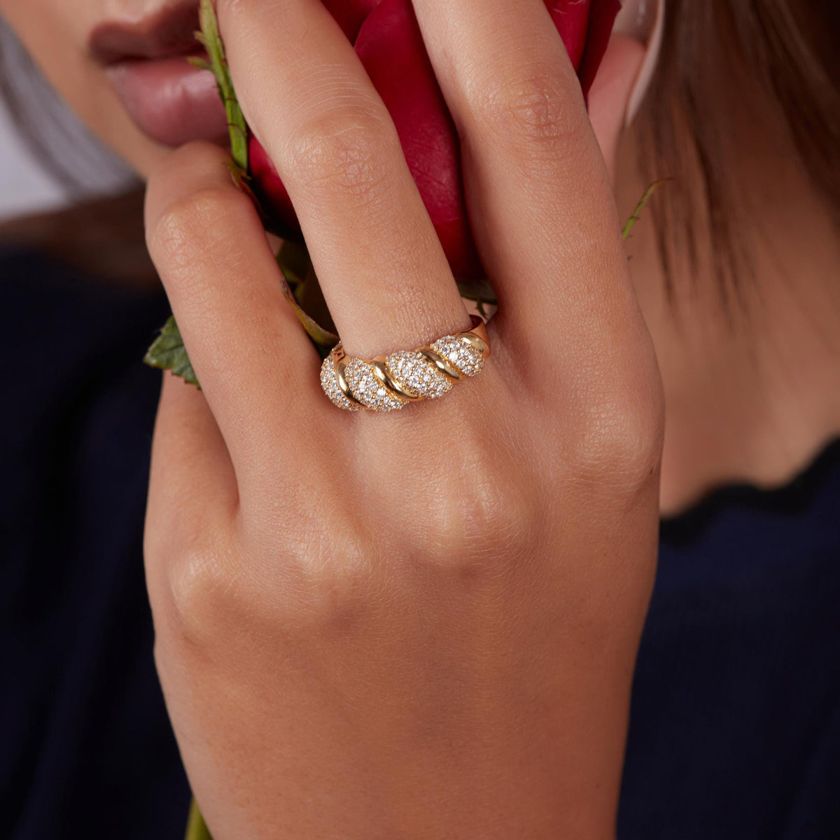 14k Gold Croissant Ring, Pave Diamond Twist Ring, Chunky Dome Ring, Fine Fashion Ring, Solid Gold Statement Ring, Handmade Fine Jewelry