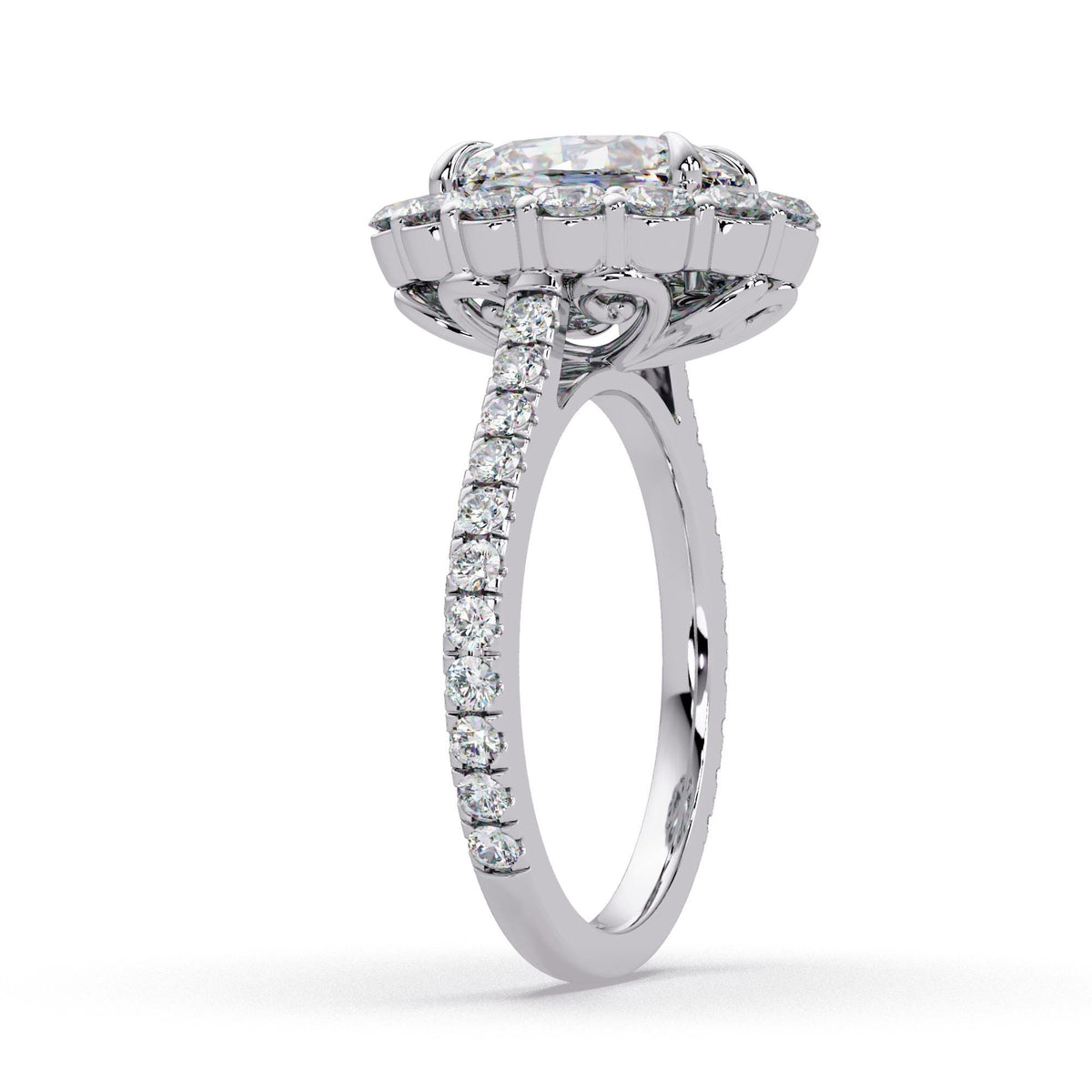 14K white gold oval halo engagement ring featuring a 2.5 carat IGI certified oval lab grown diamond center with round diamond halo and pavé band, total 3.5 ctw cathedral setting