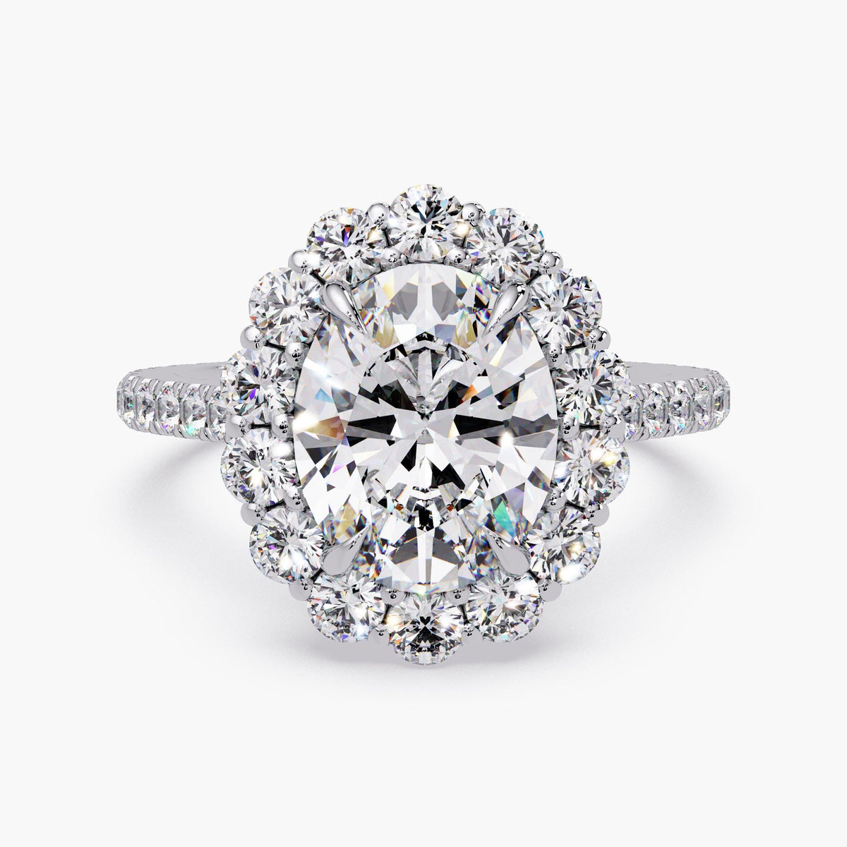 14K white gold oval halo engagement ring showing 14.8mm face width and 2.5 carat IGI certified oval lab grown diamond center, total 3.65 ctw with round diamond halo and pavé band