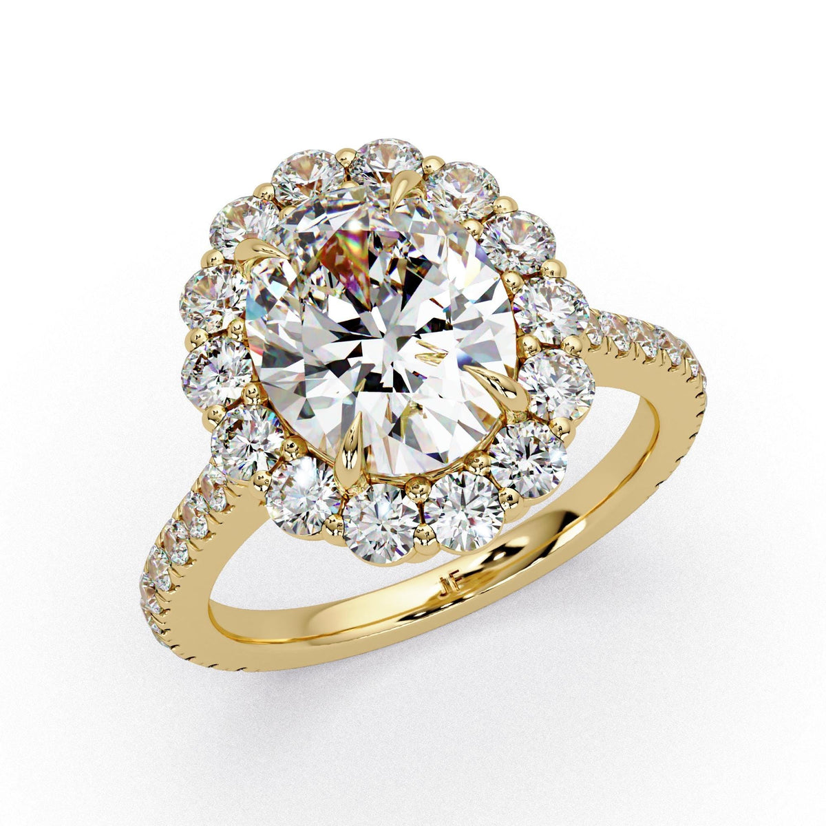 14K gold oval halo engagement ring showing 14.8mm face width and 2.5 carat IGI certified oval lab grown diamond center, total 3.65 ctw with round diamond halo and pavé band