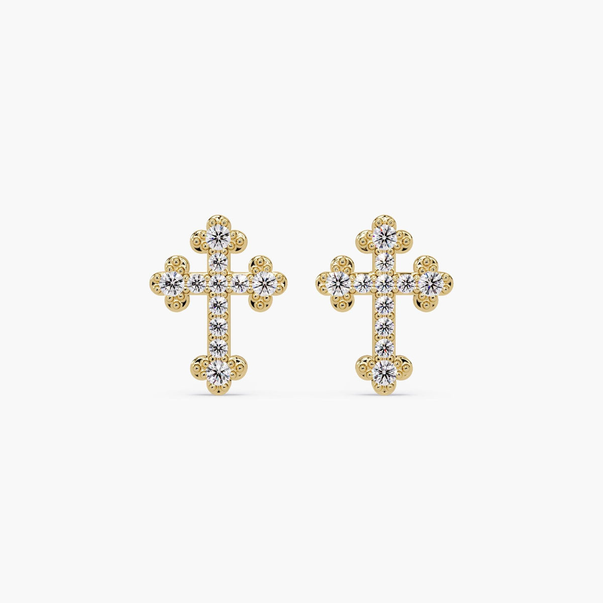 yellow gold diamond cross stud earrings, pavé lab diamond cross studs