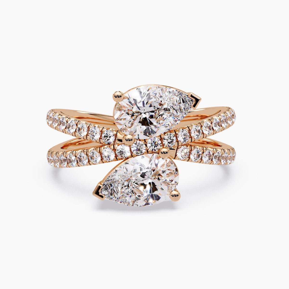 14K rose gold pear lab diamond bypass ring with double pavé crossover band, asymmetrical two stone design