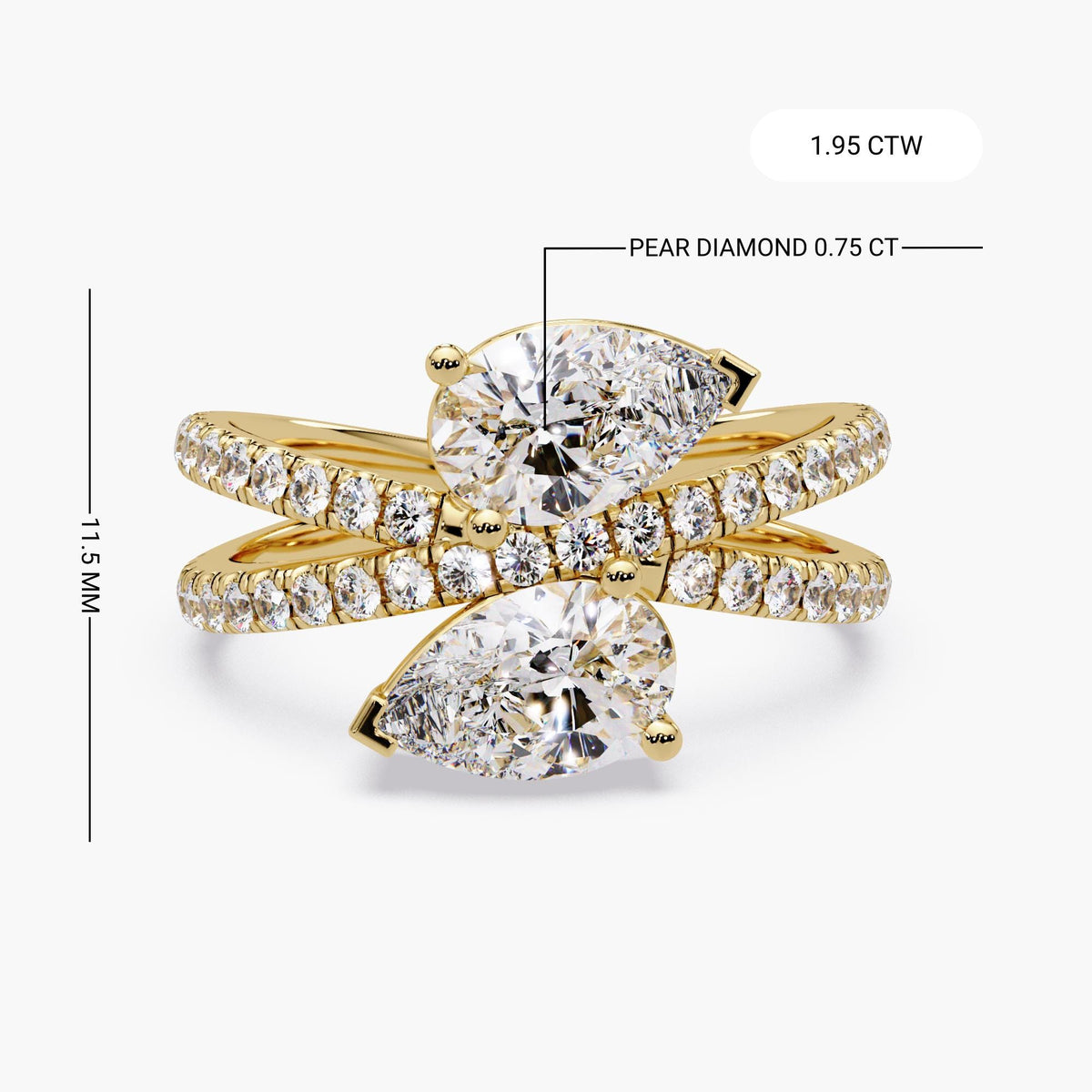 14K yellow gold pear lab diamond bypass ring with double pavé crossover band, 1.95 CTW total, 0.75 ct pear diamonds