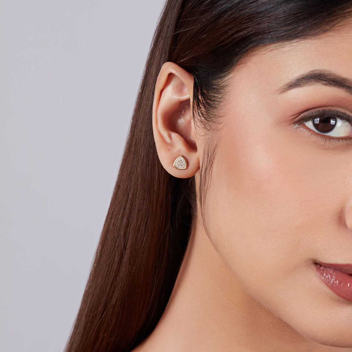 Lab diamond triangle stud earrings in 14K gold pavé, small geometric diamond studs front view