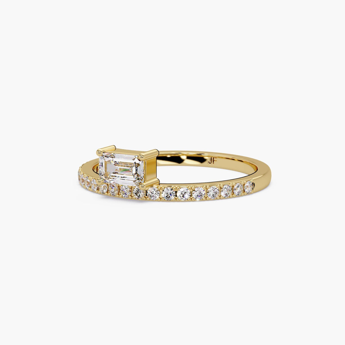 emerald cut horizontal lab diamond ring in 14k gold worn on hand thin pave band
