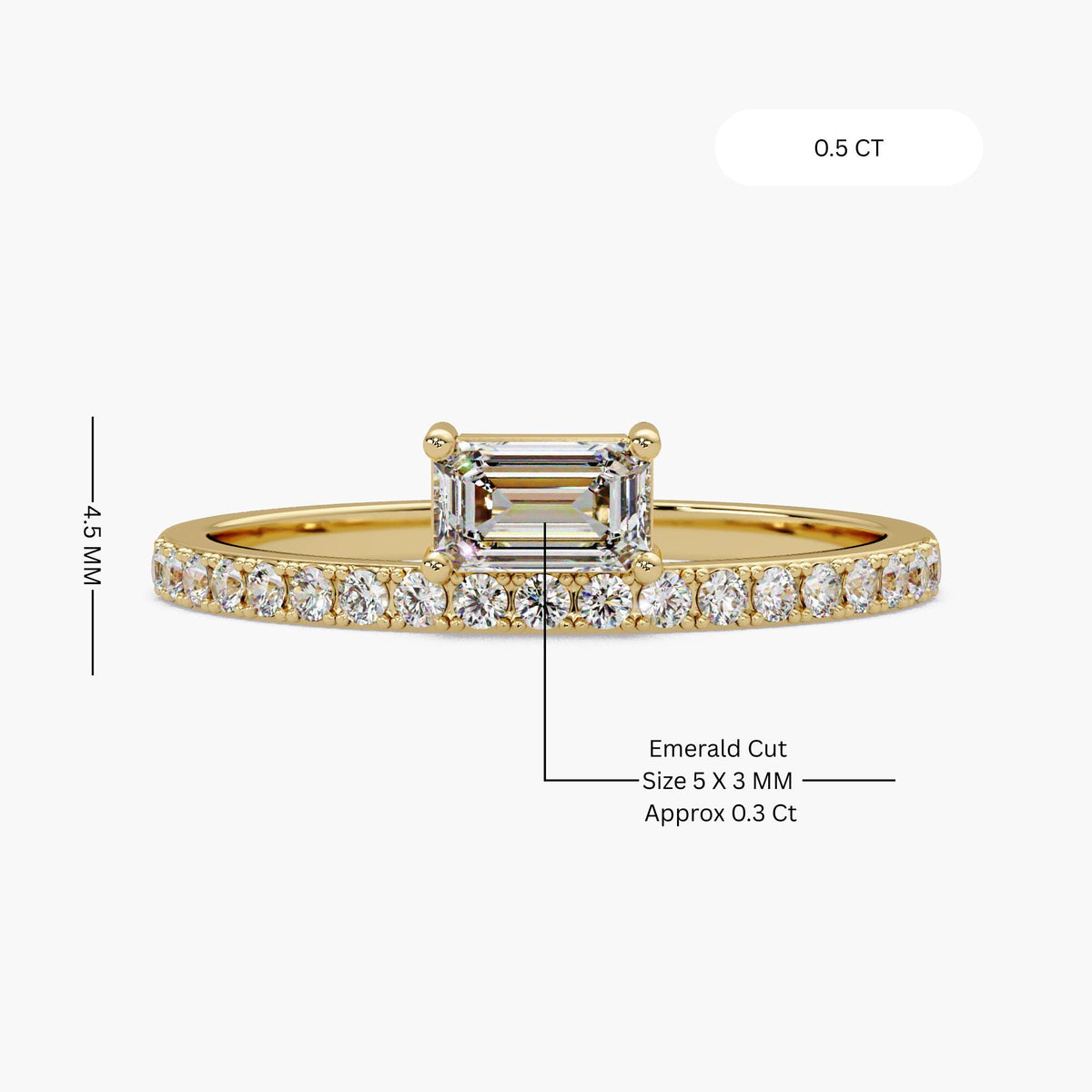 emerald cut east west diamond ring prong setting with pave band