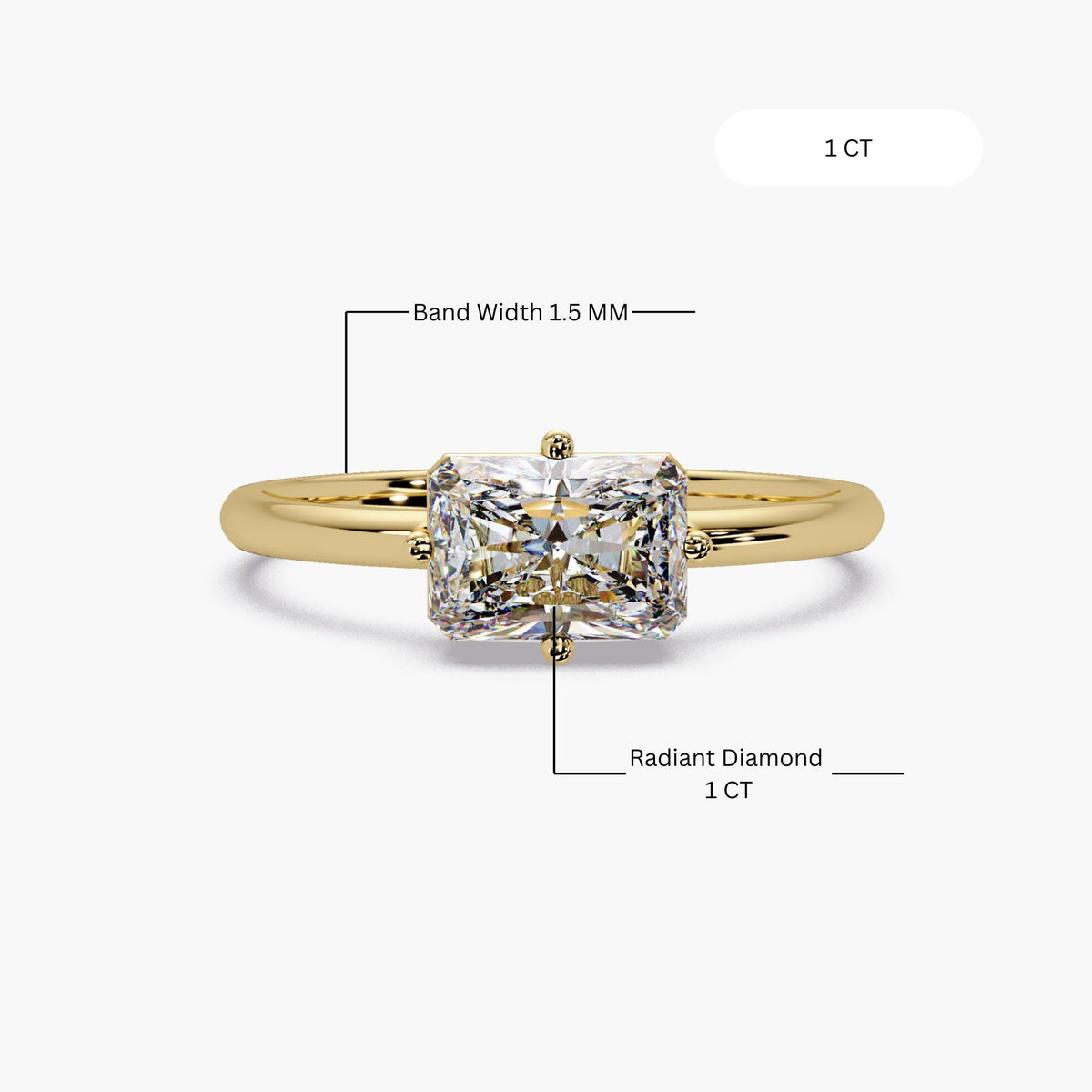 1 ct radiant cut lab diamond engagement ring east west in 14k yellow gold with 1.5mm band width