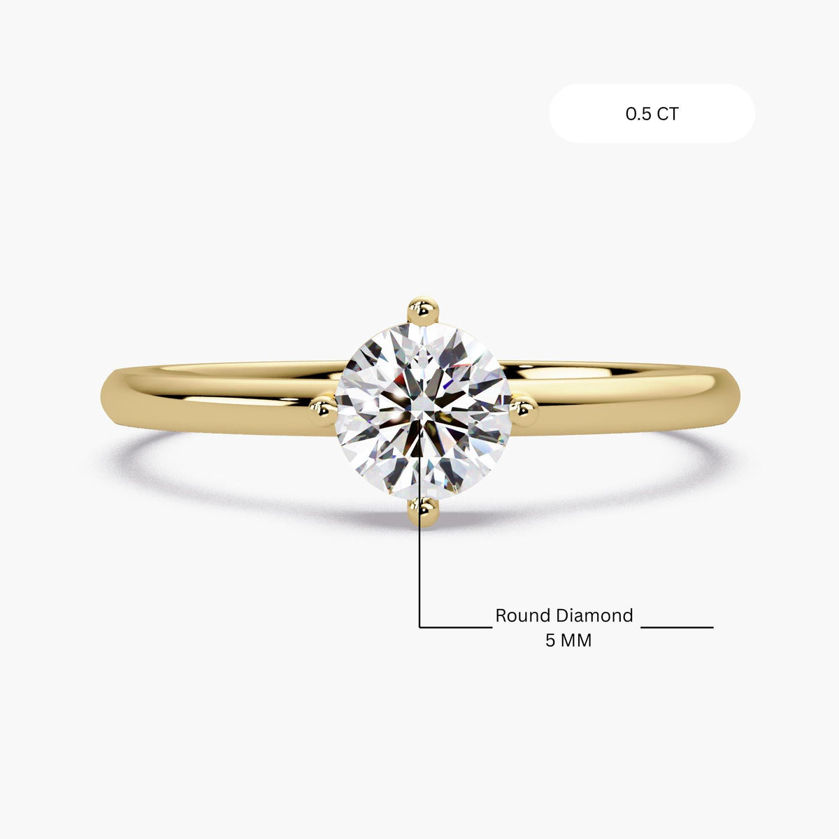 the low-profile 5mm mm ring height and the precise 5x5 mm diamond dimensions. This visual provides essential scale and proportion details for buyers seeking a refined, dainty design. It illustrates the expert craftsmanship and IGI-level quality behind this sustainable lab-grown diamond piece.