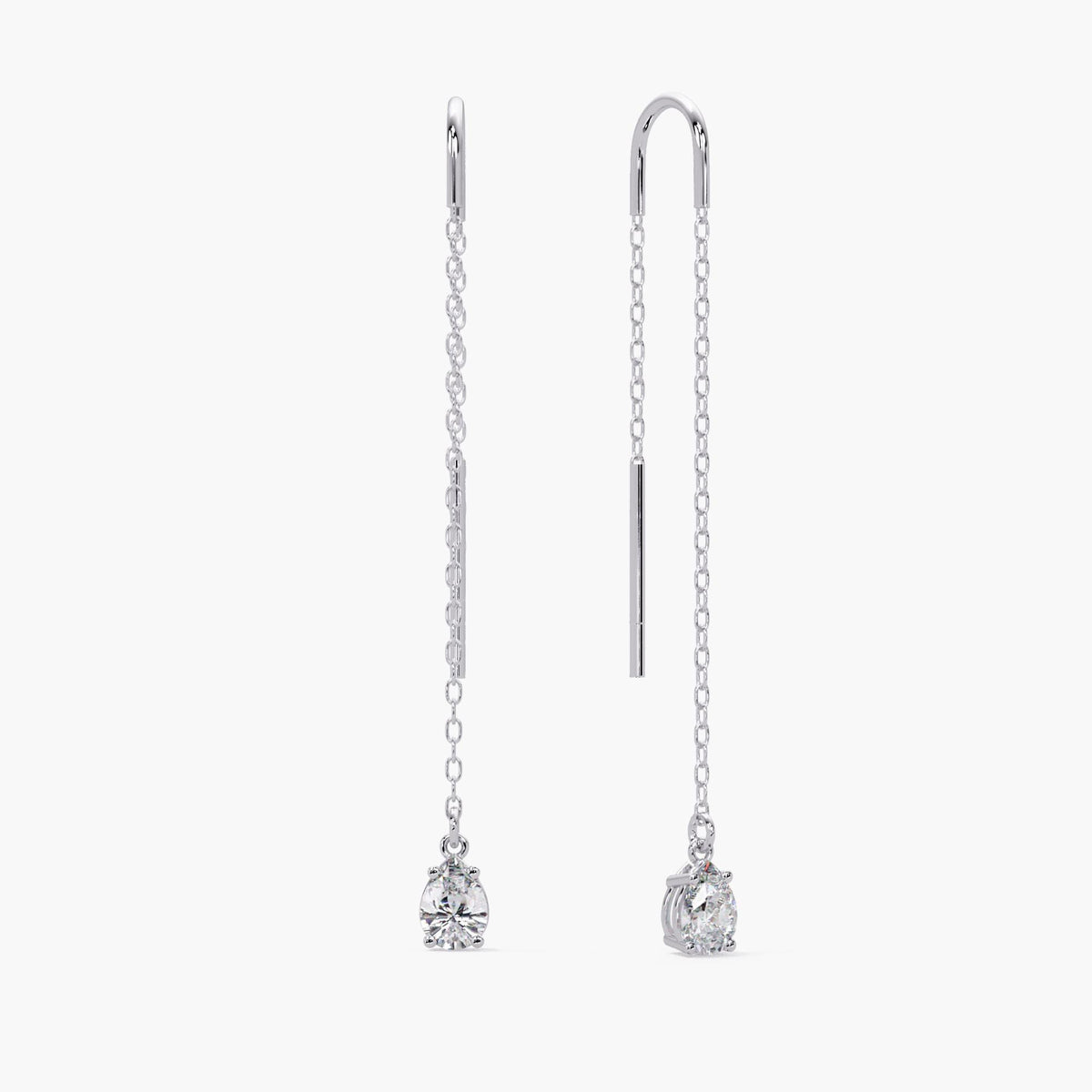 pear lab grown diamond threader earrings in solid gold, long diamond drop earrings 14k gold, elegant pull through chain bridal earrings