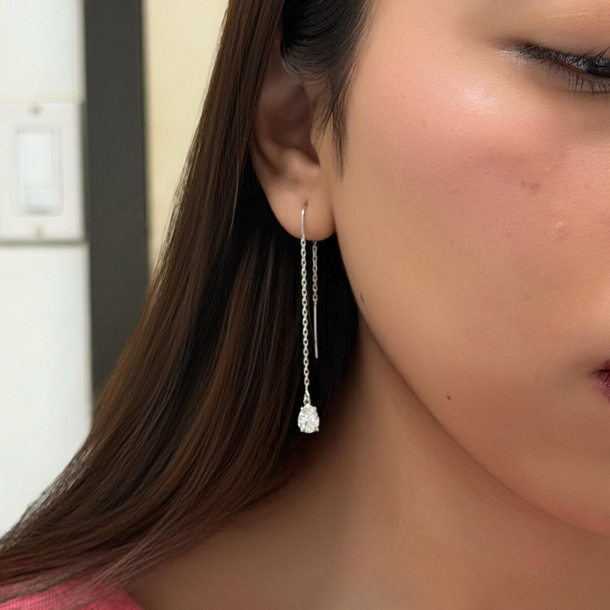 14k solid gold diamond threader earrings with pear shaped lab grown diamond, 1 carat lab diamond drop earrings, minimalist gold chain dangle