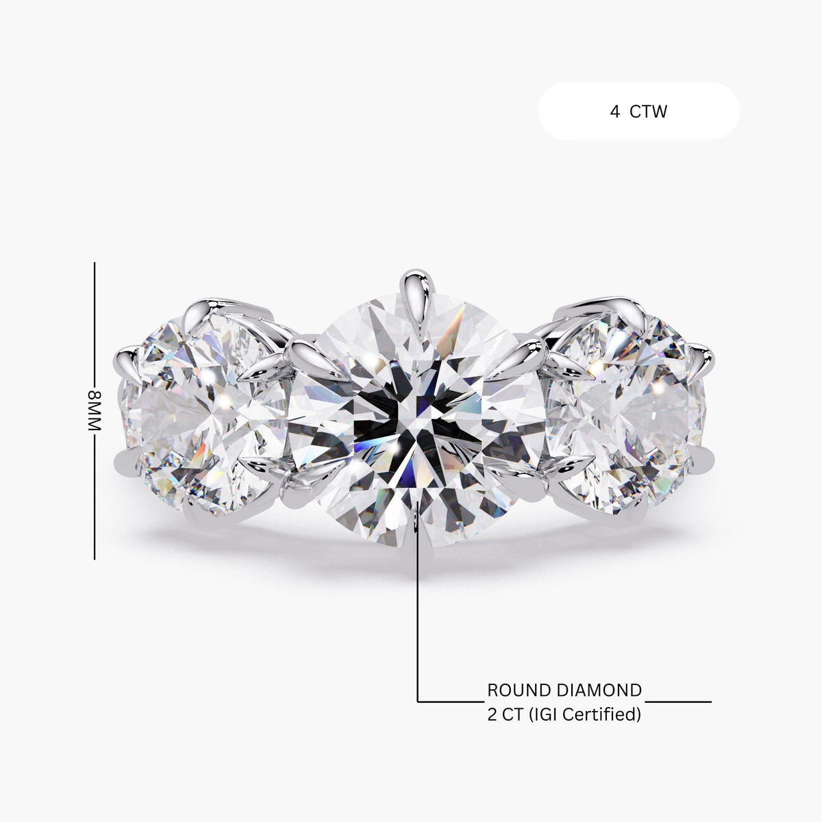 4 carat lab grown round diamond engagement ring in 14k white gold