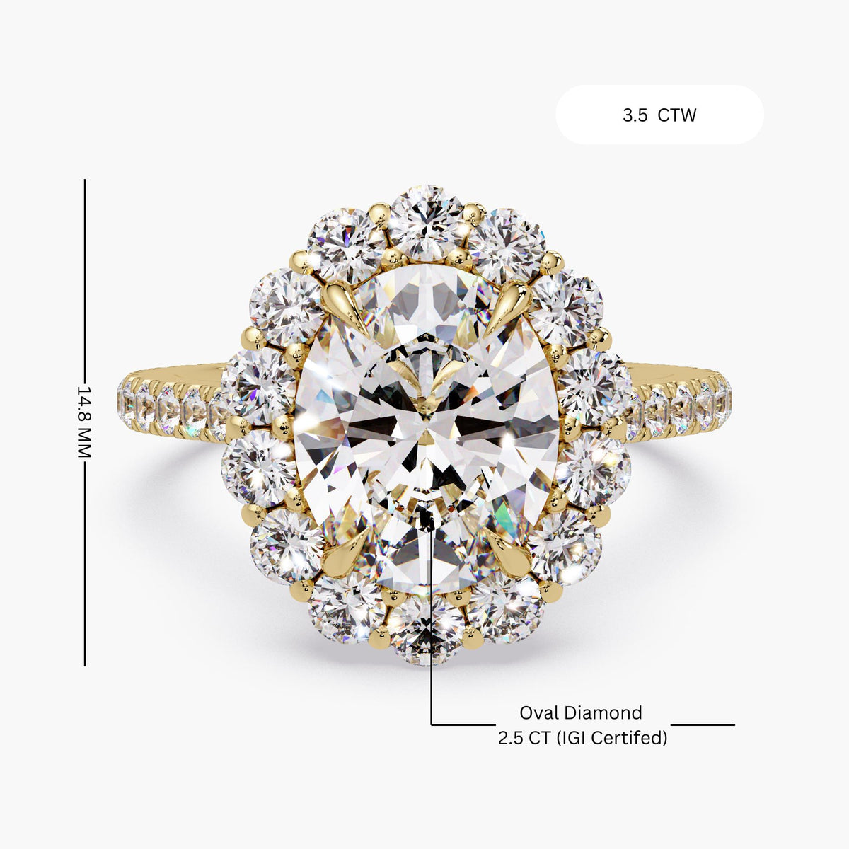 14K gold oval halo engagement ring showing 14.8mm face width and 2.5 carat IGI certified oval lab grown diamond center, total 3.65 ctw with round diamond halo and pavé band