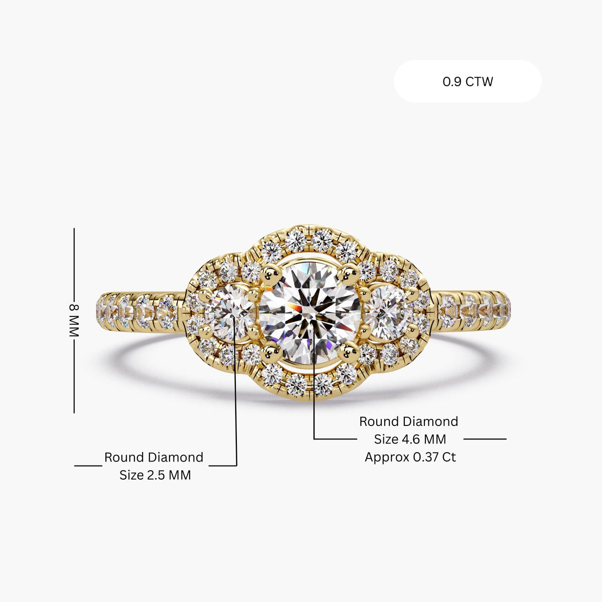 Round diamond trilogy halo engagement ring with round center diamond size and halo cluster design in 14K gold engagement ring setting.