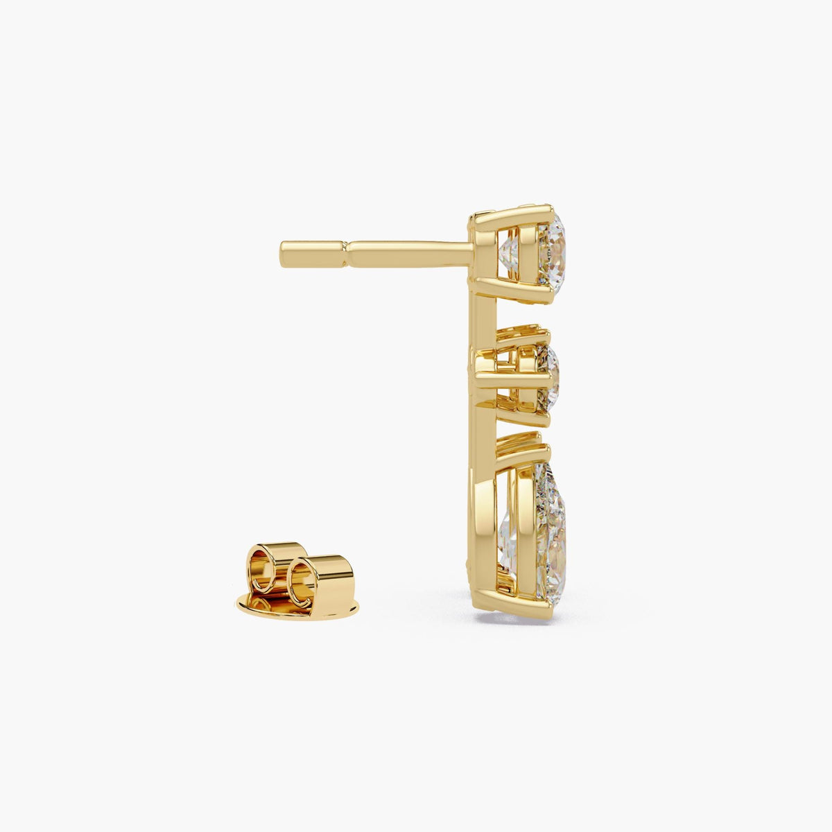 14K yellow gold lab grown diamond drop earrings, featuring round stud top, center round diamond, and pear-shaped diamond drop in three-stone vertical design, 2.75 CTW