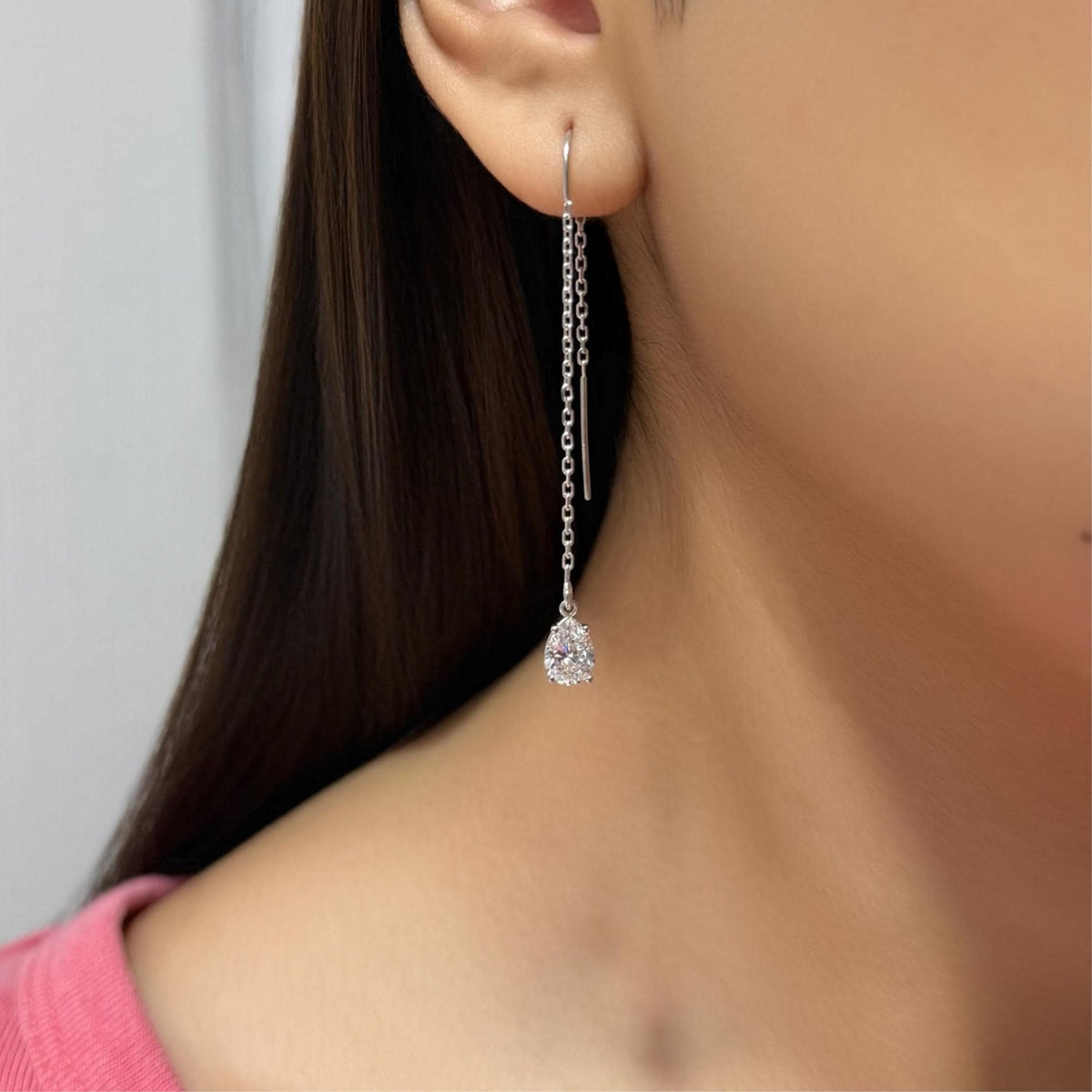 14k gold diamond threader earrings with pear lab grown diamond drop, 1.20 ctw long pull through dangle earrings for women, modern bridal gold earrings