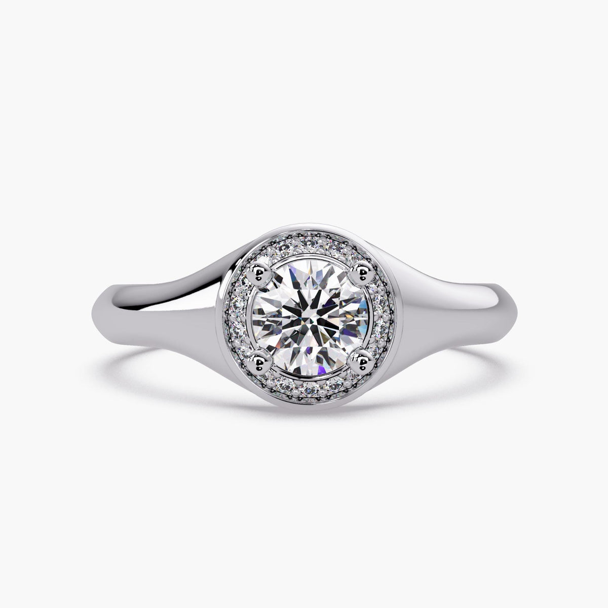14k white gold round halo lab diamond ring, pinky signet style diamond ring, graduation gift