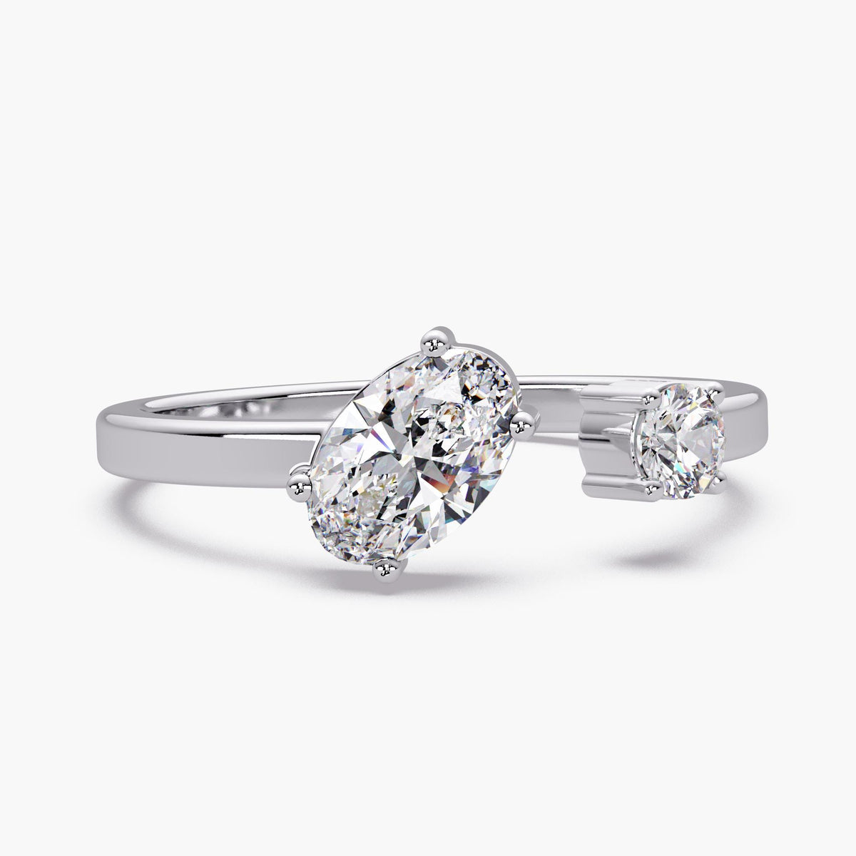 toi et moi lab diamond ring, two stone lab diamond ring, tilted oval lab diamond ring, oval round diamond two stone ring, open lab diamond ring 14k gold, bypass lab diamond ring 14k, modern toi et moi engagement ring, dainty two stone diamond ring, low profile lab diamond ring, stackable lab diamond ring 14k gold