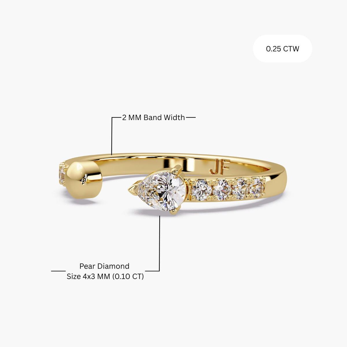 14K Gold Open Cuff Pear Diamond Ring, Lab Diamond Open Ring, Pave Stackable Ring, Dainty Minimal Gold Ring, 2mm Gold and Diamond Band