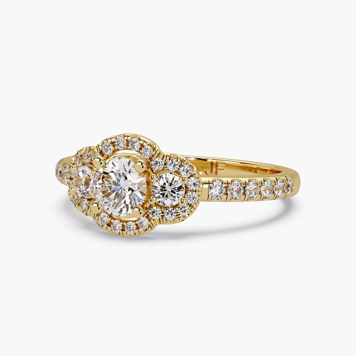 14K gold three stone halo engagement ring with round lab grown diamonds, vintage inspired trilogy design with pavé diamond band and halo setting.