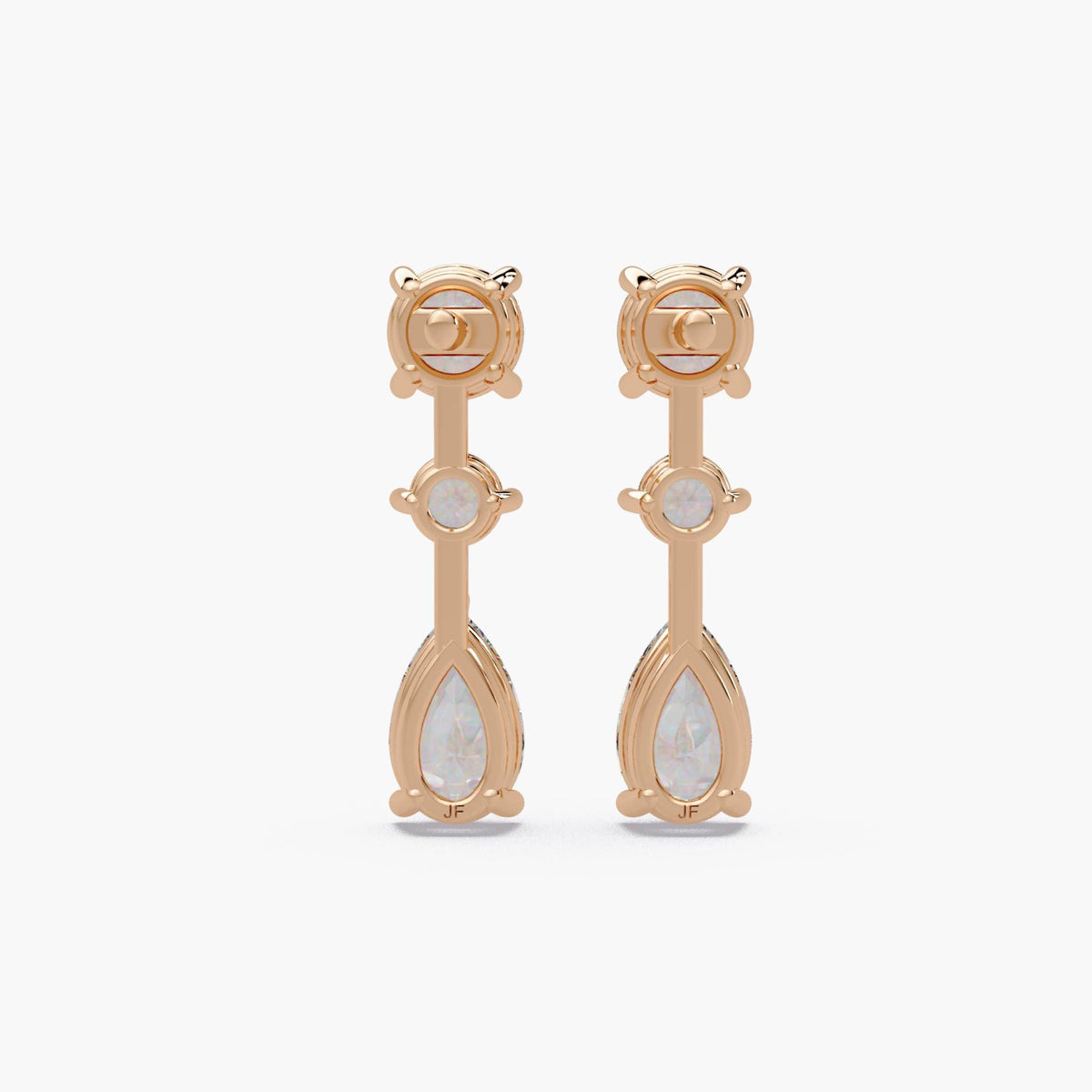 14K rose gold lab grown diamond drop earrings, featuring round stud top, center round diamond, and pear-shaped diamond drop in three-stone vertical design, 2.75 CTW