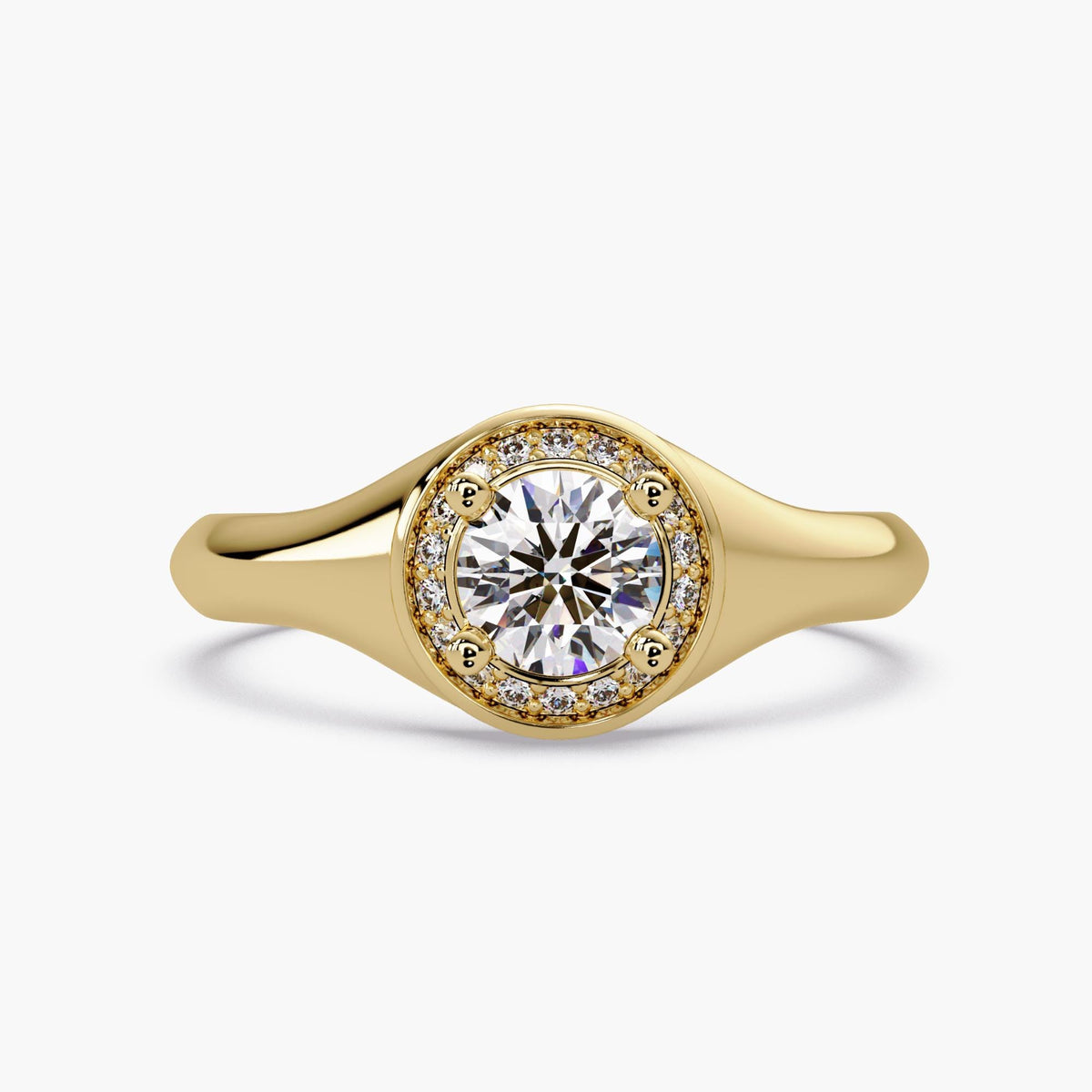 14k yellow gold round halo lab diamond ring, pinky signet style diamond ring with pave halo setting