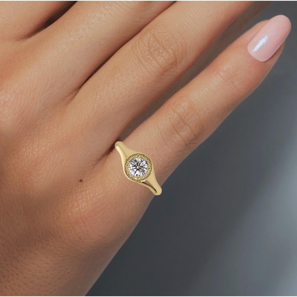 14k yellow gold round halo lab diamond ring, pinky signet style diamond ring, graduation gift