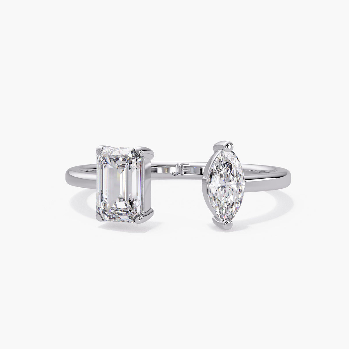 14k gold toi et moi low profile, open ring lab grown diamond, open diamond ring 14k, open ring gold diamond, lab diamond open band, lab diamond ring marquise, lab created diamond emerald ring, diamond ring two stone lab, stones on opposite end band, open gap lab grown band, cuff band ring, 14k gold cuff ring, open cut band, minimal unique ring, dainty stackable bands